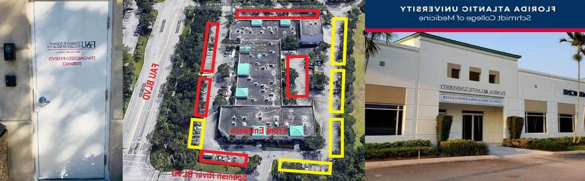 FAU Clinical Skills Simulation Center pictured with map of parking and entrance door